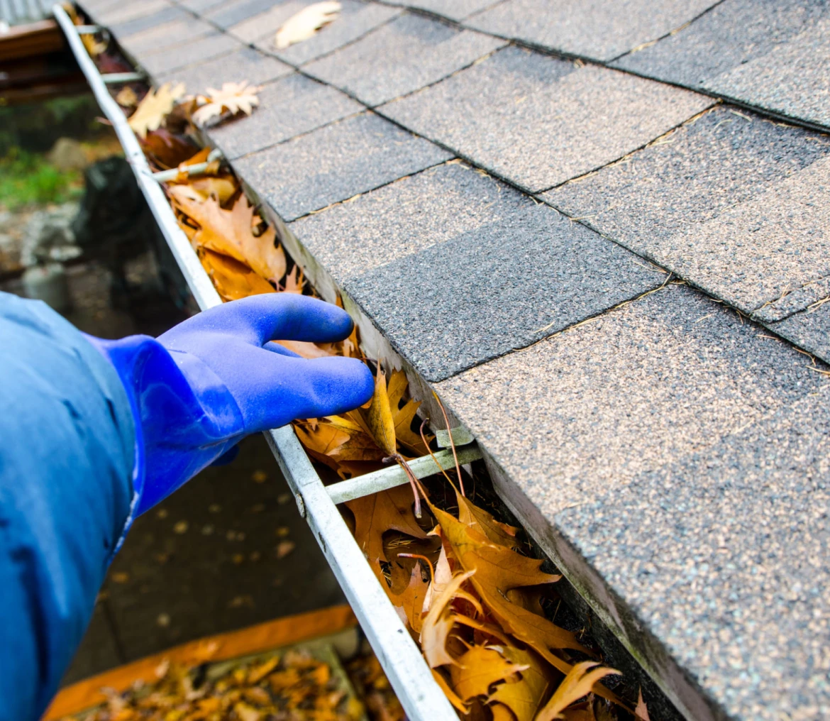 Cleaning leaves from roof gutter